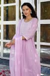 Pheeta_Purple Cotton Embroidered Thread Work Round Neck Gathered Kurta Set_at_Aza_Fashions