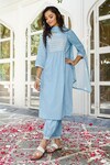 Buy_Pheeta_Blue Cotton Embroidered Thread Work Round Gathered Kurta Set_Online_at_Aza_Fashions