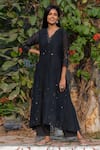 Beige_Black Chanderi, Cotton, Silk Organza Sequins, Cut Work V-neck Ruched Kurta Set_Online_at_Aza_Fashions