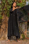 Buy_Beige_Black Chanderi, Cotton, Silk Organza Sequins, Cut Work V-neck Ruched Kurta Set