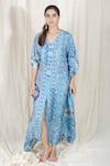 Buy_The Boozy Button_Blue Moroccan Silk Digital V Neck Pillow Talk Kaftan  _at_Aza_Fashions