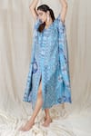 The Boozy Button_Blue Moroccan Silk Digital V Neck Pillow Talk Kaftan  _Online_at_Aza_Fashions