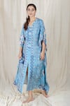 Buy_The Boozy Button_Blue Moroccan Silk Digital V Neck Pillow Talk Kaftan  _Online_at_Aza_Fashions