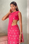 Shop_Shweta Aggarwal_Pink Georgette, Pure Raw Silk And Net Embroidered Pre-draped Saree With Blouse _Online_at_Aza_Fashions