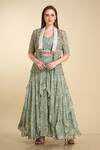 Buy_Preeti Jhawar_Green Organza Silk Embroidery Blousesweetheart Cape And Lehenga Set _at_Aza_Fashions