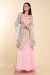 Buy_Preeti Jhawar_Pink Georgette Embroidery Blouse Round Cape Open And Lehenga Set _at_Aza_Fashions