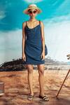 Buy_Nirmooha_Blue Textured Georgette Embroidery Round Cowl Neck Dress _Online_at_Aza_Fashions