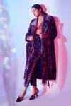 Nirmooha_Purple Velvet Printed Long Jacket_Online_at_Aza_Fashions