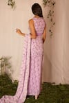 Shop_Nirmooha_Purple Georgette Printed Geometric V Neck Pre-draped Saree With Blouse _at_Aza_Fashions