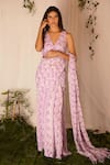 Nirmooha_Purple Georgette Printed Geometric V Neck Pre-draped Saree With Blouse _Online_at_Aza_Fashions