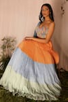 Nirmooha_Multi Color Chinon Chiffon Printed Sequin Bandeau Pleated Tiered Lehenga Set _Online_at_Aza_Fashions