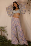 Buy_Nirmooha_Multi Color Chiffon Printed Geometric Sweetheart Neck Crop Top And Flared Pant Set _at_Aza_Fashions