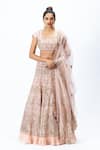 Buy_Nirmooha_Pink Organza Embroidered Leaf Neck Hand Bridal Lehenga Set _at_Aza_Fashions