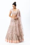 Nirmooha_Pink Organza Embroidered Leaf Neck Hand Bridal Lehenga Set _Online_at_Aza_Fashions