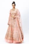 Buy_Nirmooha_Pink Organza Embroidered Leaf Neck Hand Bridal Lehenga Set _at_Aza_Fashions