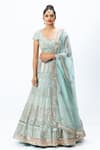 Buy_Nirmooha_Blue Organza Embroidered Leaf Neck Hand Bridal Lehenga Set _at_Aza_Fashions