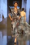 Nirmooha_Grey Velvet Printed Notched Cropped Blazer And Pleated Pant Set _Online_at_Aza_Fashions