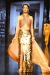 Shop_Nirmooha_Gold Lurex, Foil Lycra Sequins Halter Criss Cross Top And Skirt Set _at_Aza_Fashions