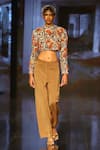 Nirmooha_Brown Crepe Embroidered Crew Neck Power Shoulder Top And Pant Set _Online_at_Aza_Fashions