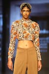 Buy_Nirmooha_Brown Crepe Embroidered Crew Neck Power Shoulder Top And Pant Set _Online_at_Aza_Fashions