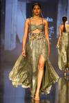 Buy_Nirmooha_Green Lurex Printed Sweetheart Neck Ruched Gown With Embroidered Belt _at_Aza_Fashions