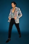 Buy_Nirmooha_Grey Velvet Printed Abstract Blazer And Pant Set _at_Aza_Fashions