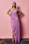 Buy_Nirmooha_Purple Lurex Plain Asymmetric Embroidered Draped Gown _at_Aza_Fashions