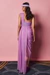 Shop_Nirmooha_Purple Lurex Plain Asymmetric Embroidered Draped Gown _at_Aza_Fashions