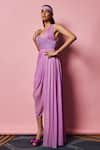 Nirmooha_Purple Lurex Plain Asymmetric Embroidered Draped Gown _Online_at_Aza_Fashions