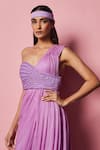 Nirmooha_Purple Lurex Plain Asymmetric Embroidered Draped Gown _at_Aza_Fashions