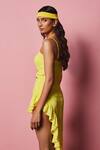 Shop_Nirmooha_Yellow Textured Georgette Plain Sweetheart Neck Asymmetric Front Cut Out Dress _Online_at_Aza_Fashions