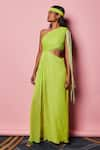 Buy_Nirmooha_Green Lurex Plain Asymmetric One Shoulder Cut Out Gown _at_Aza_Fashions