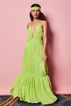 Buy_Nirmooha_Green Georgette Cord Plunge V Neck Maxi Dress _at_Aza_Fashions