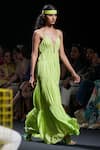 Nirmooha_Green Georgette Cord Plunge V Neck Maxi Dress _Online_at_Aza_Fashions