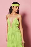 Nirmooha_Green Georgette Cord Plunge V Neck Maxi Dress _at_Aza_Fashions