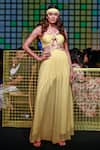 Buy_Nirmooha_Yellow Lurex Hand Embroidered Sequins V Neck Draped Gown _at_Aza_Fashions