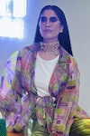 Nirmooha_Multi Color Organza Printed Geometric Pattern Notched Lapel Trench Coat _Online_at_Aza_Fashions