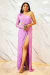 Buy_Nirmooha_Purple Lurex Hand Embroidered Floral Motifs One Shoulder Draped Gown _at_Aza_Fashions