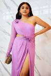 Shop_Nirmooha_Purple Lurex Hand Embroidered Floral Motifs One Shoulder Draped Gown _at_Aza_Fashions