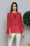 Buy_RANNA GILL_Red Dobby Hand Embellished Top_at_Aza_Fashions