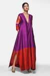 Payal Khandwala_Purple Handwoven Silk Floral V Neck Jumpsuit  _Online_at_Aza_Fashions