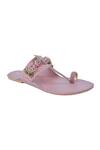 Shop_Preet Kaur_Peach Embroidery Kolhapuri Sandals _at_Aza_Fashions