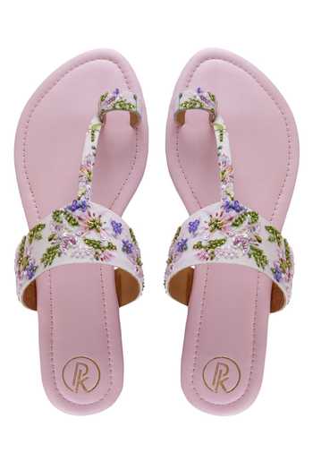 Shop_PREET KAUR_Pink Lily Printed Kolhapuri Flats _at_Aza_Fashions