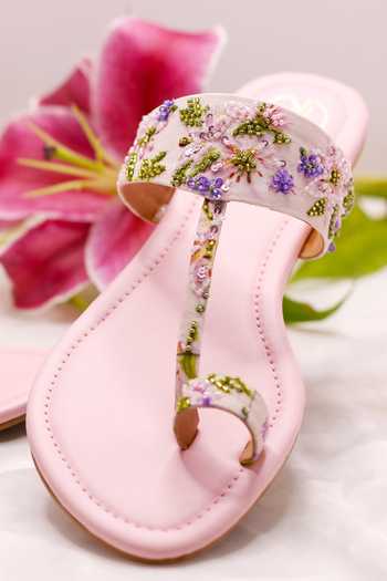 PREET KAUR_Pink Lily Printed Kolhapuri Flats _Online_at_Aza_Fashions