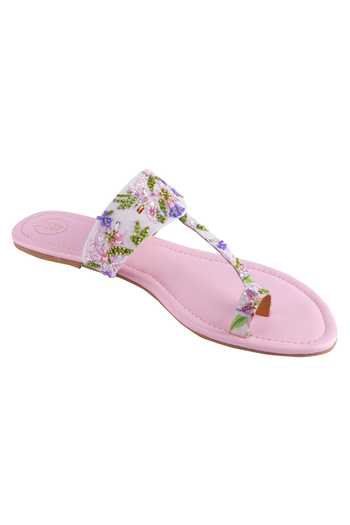 Buy_PREET KAUR_Pink Lily Printed Kolhapuri Flats _Online_at_Aza_Fashions