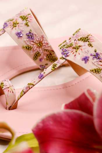 Shop_PREET KAUR_Pink Lily Printed Kolhapuri Flats _Online_at_Aza_Fashions
