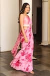 Palak & Mehak_Pink Georgette Printed Floral Square Neck Pre-draped Ruffle Saree Set _Online_at_Aza_Fashions