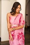 Palak & Mehak_Pink Georgette Printed Floral Square Neck Pre-draped Ruffle Saree Set _at_Aza_Fashions