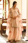 Buy_Palak & Mehak_Peach Net, Crepe Block Print Boat Neck Placement Embroidered Kurta Set _at_Aza_Fashions