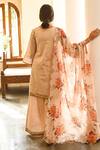 Shop_Palak & Mehak_Peach Net, Crepe Block Print Boat Neck Placement Embroidered Kurta Set _at_Aza_Fashions
